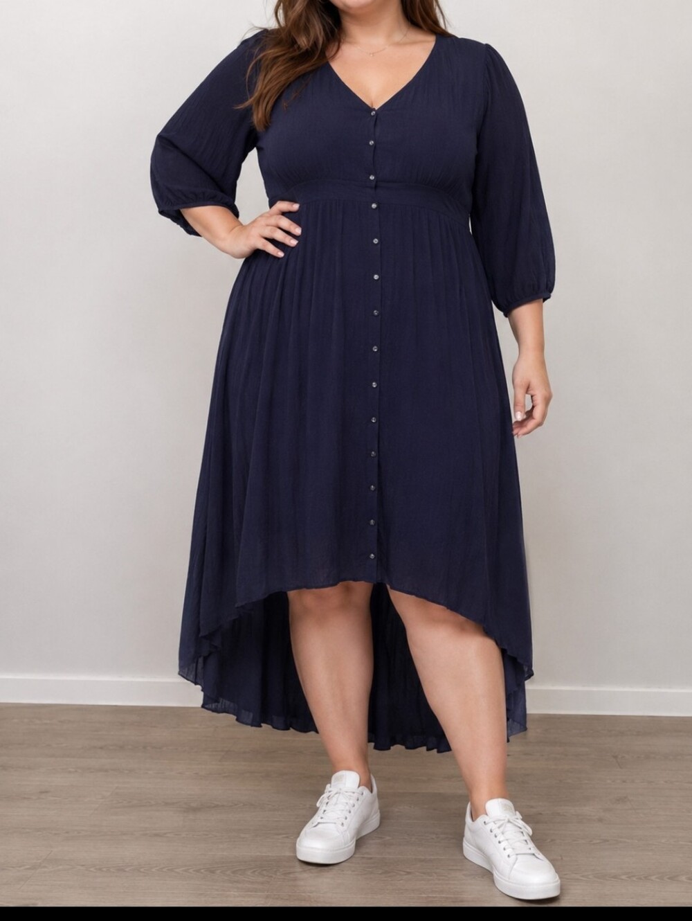 Torrid S2X Navy Blue High Low Button Up Pleated 3/4 Sleeve Comfortable Dress